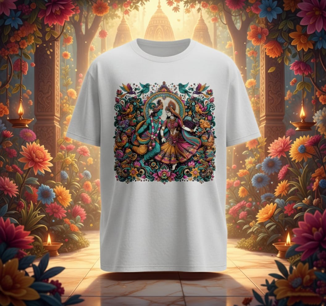 Divine Love Oversized Tee – Krishna x Radha Edition | Oversized Fever