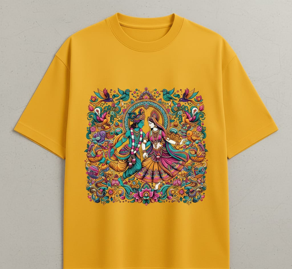 Divine Love Oversized Tee – Krishna x Radha Edition | Oversized Fever