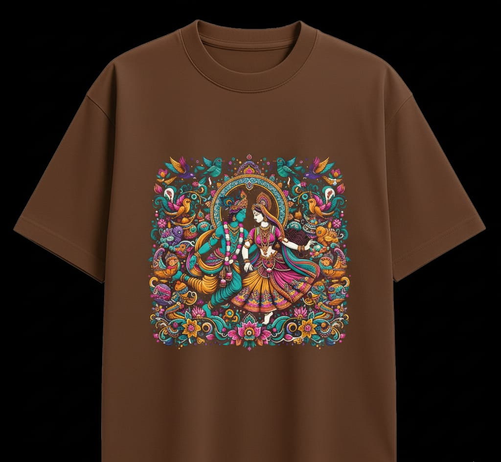 Divine Love Oversized Tee – Krishna x Radha Edition | Oversized Fever